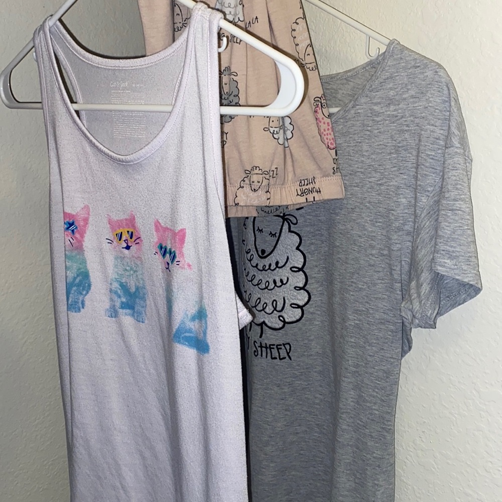 3-IN-1 PJs PACK! Long kitty shirt, sheep themed top and bottom